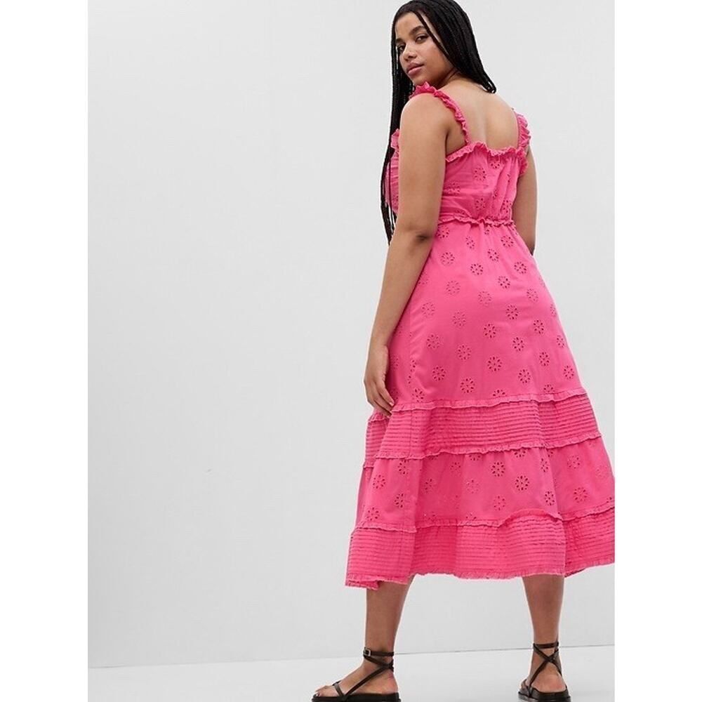 NWT Old Navy Pink Eyelet Button-Front Midi Dress XL Ruffle Strap Cotton - Picture 2 of 13